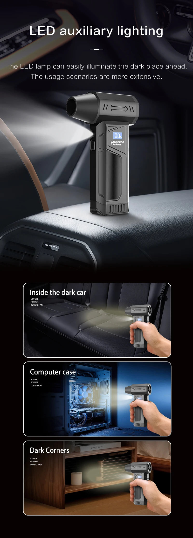 New Wireless Jet Fan Brushless Motor Turbo Air Blower Portable Car Cleaning Tool with 5 Nozzles Digital Display for Outdoor Use