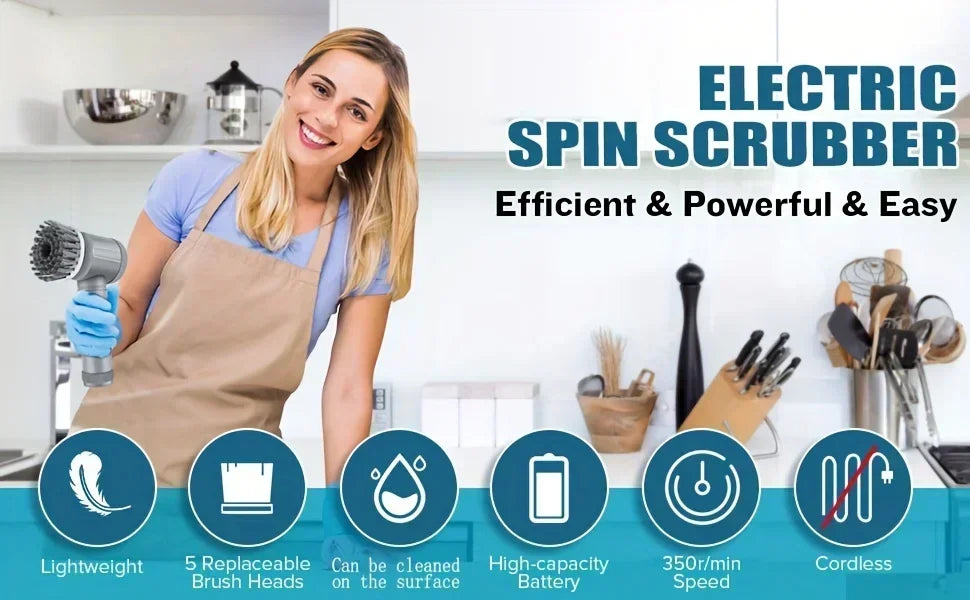 Cordless Electric Spin Scrubber with 5 Brush Heads — Bathroom, Tile & Grout